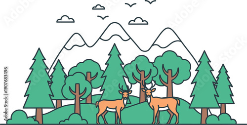 Simple graphic illustration depicting two majestic deer standing calmly within a vibrant green forest landscape under snowy mountain peaks