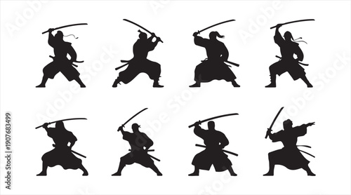 Samurai warrior silhouette icon collection with dynamic katana combat poses