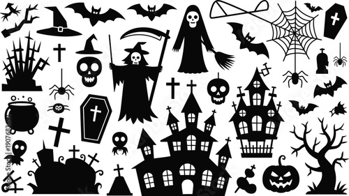 PrintHalloween silhouettes, haunted house icons, spooky ghosts, bats vector, spider web design, skull art, pumpkin illustration, witch graphic, grave symbol