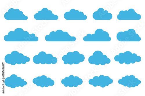 Cloud icons set. Solid blue styles, representing weather, sky, digital storage, weather apps, UI elements, and clean minimal designs. white cloud and blue sky vector set. cartoon clouds in flat design