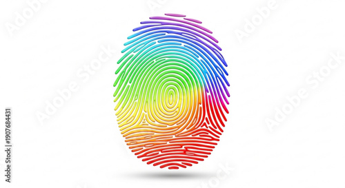 Vibrant rainbow fingerprint on white background symbolizing diversity and individuality in a colorful modern design