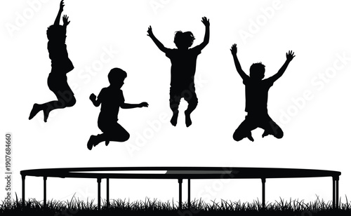 Black silhouette of four joyful young boys jumping high on a trampoline in a grassy field on a white background