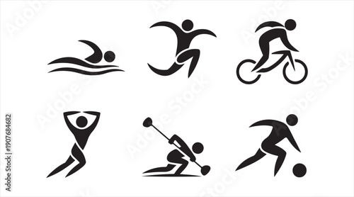 Black sports action symbols set with swimming, cycling, and team game illustrations
