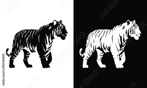 Tiger Silhouette Set, Black and White High Contrast Predator Vector Art