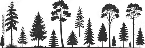 Forest tree silhouettes panorama, mixed pine spruce oak trees, black woodland landscape isolated on white background vector illustration
