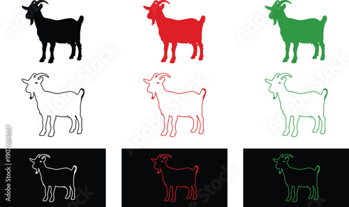 Goat Icon Set with Solid Silhouettes and Line Art Outlines in Black Red and Green Colors