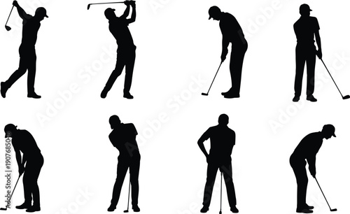 Golf player silhouette set showing swing, putting, stance poses, professional golfer actions isolated on white background vector illustration
