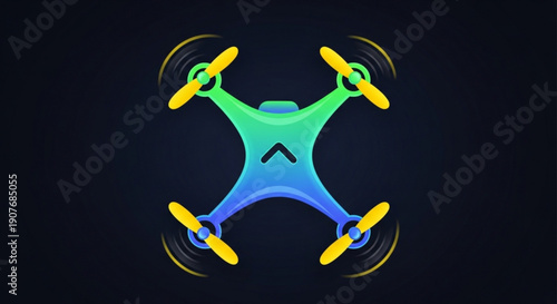 Colorful drone with yellow propellers flying in the dark with neon lights