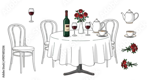 Vintage restaurant table setting illustration featuring a vector design of celebration drinks with a wine bottle, champagne glass, and elegant flowers for a dinner party