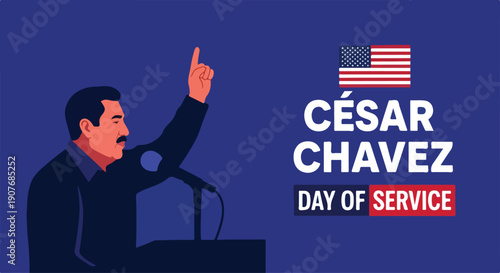 Illustration of Cesar Chavez speaking at a podium on Cesar Chavez Day of Service, honoring his legacy in social justice with a patriotic American flag background.