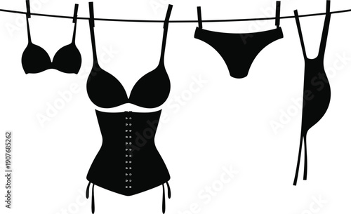 Black silhouette of women's lingerie including bras panties and a corset hanging on a clothesline with clothespins on white background