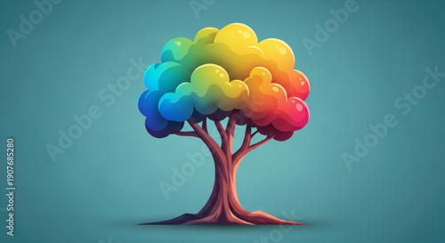Vibrant rainbow colored tree with lush foliage against teal background symbolizing nature and diversity