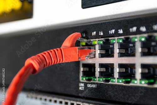 Close up of red ethernet cable plugged into network switch, showing wired internet connection and IT networking equipment
