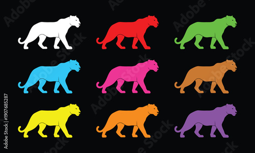 9 Colorful Panther Silhouettes Set, Flat Vector Big Cat Icons on Black Background