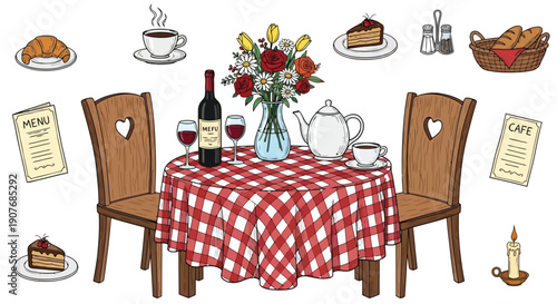 A luxurious set of wine bottles and glasses rests on a wooden dining table in a stylish room featuring elegant furniture and modern decor