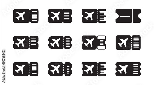Monochrome flight ticket symbol set representing air travel and aviation services
