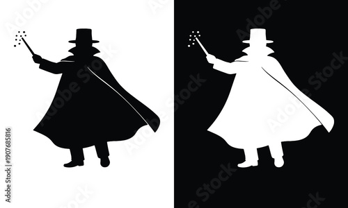 Magician Silhouette with Magic Wand and Cape, Black and White Vector Illusion Set