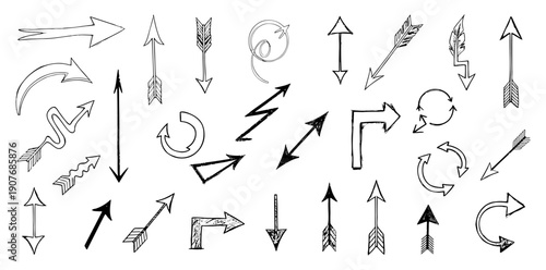 Hand-drawn arrow set with various sketch pointers and creative doodle symbols vector illustration.