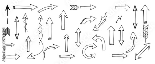 Various arrow styles and directions, hand-drawn sketch icons on a transparent background, vector illustration.