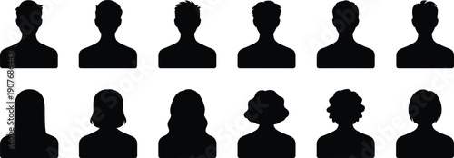 Male and female avatar silhouettes set, people profile icons collection, anonymous user head shapes, minimal black vector illustration