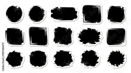 Grunge sticker collection with black paint spots and distressed border shapes vector illustration.