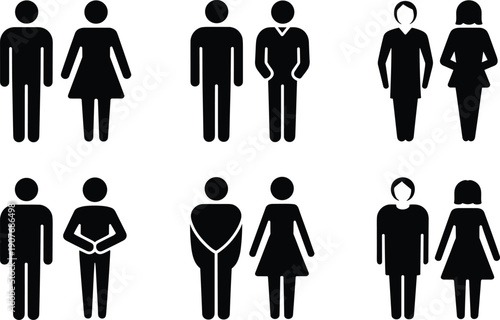 Male and female restroom symbols collection, human pictogram icons set, people silhouettes for toilet signage isolated vector illustration