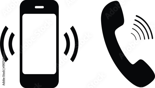 Mobile phone call icons set with smartphone handset signal waves communication symbols isolated on white background vector illustration