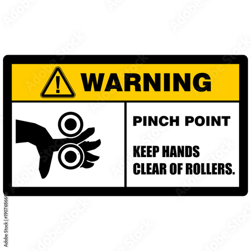 Warning, pinch point, keep hands clear of rollers, sticker vector