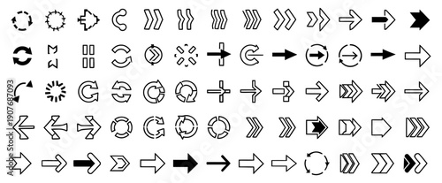 Outline set of thin line style arrows, including rotation refresh and direction symbols, vector illustration.