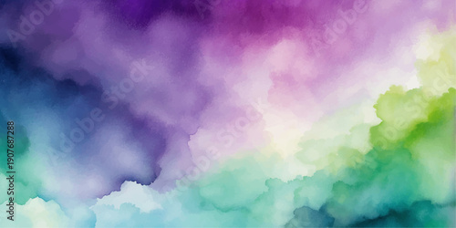 Abstract colorful watercolor background featuring fluffy white clouds and a sunlit blue summer sky within a serene nature atmosphere