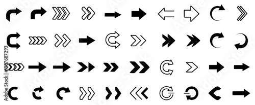 A large set of arrows vector illustration, black and white pointer direction collection, modern graphic.