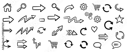 Hand-drawn arrows and interface icons collection for website navigation design vector illustration.