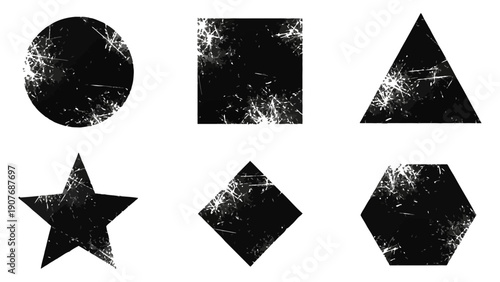 Grunge geometric shapes set with distressed texture on transparent background vector illustration.