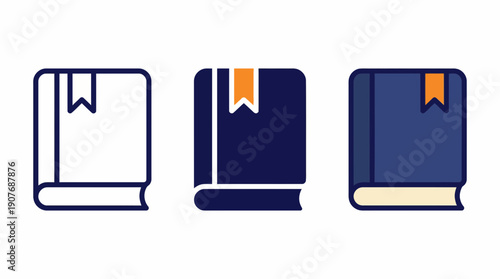 Three different styles of book icons with bookmarks featuring outline, solid and flat design versions on white background, concept for digital library, online education and academic site
