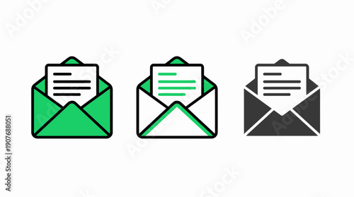 Set of three open envelope icons with letter document inside in green and black flat styles on white background, concept for email marketing, digital communication and business correspondence