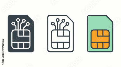 Set of three sim card icons including solid line art and colored flat styles on white background, concept for mobile telecommunication, cellular network technology and digital connectivity