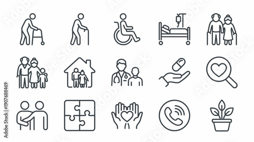 Collection of elderly care and nursing home line icons set including geriatric physician and senior health assistance, concept for medical branding, nursing brochure and healthcare website