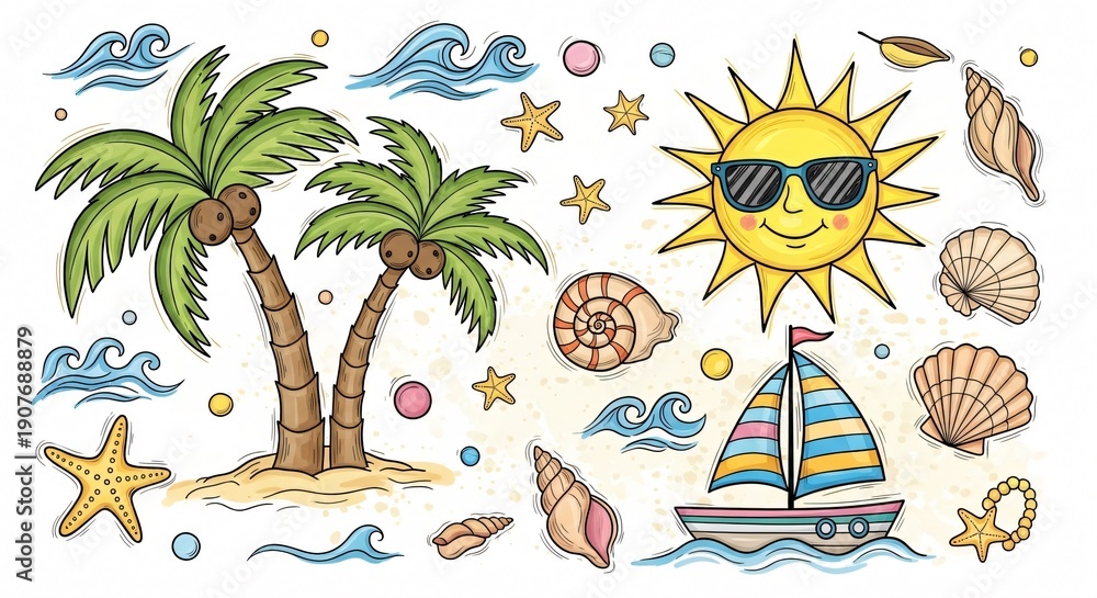 Obraz premium Tropical Beach Scene with Palm Trees, Sailboat, and Sunny Day Elements