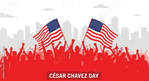 A crowd of people holding American flags celebrating Cesar Chavez Day with a city skyline in the background on March 31st, honoring social justice and legacy.