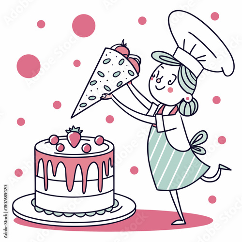 Playful vector art of a baker frosting a cake that is melting unevenly, a humorous and creative depiction of baking challenges and imperfectly delicious results.