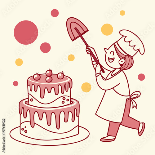 Playful vector art of a baker frosting a cake that is melting unevenly, a humorous and creative depiction of baking challenges and imperfectly delicious results.