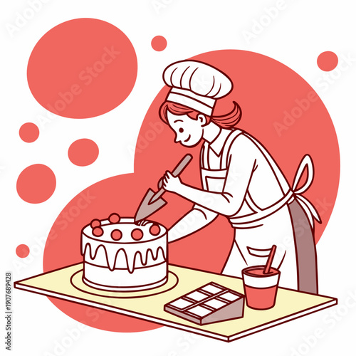 Whimsical vector illustration of a baker attempting to frost a completely flat cake, highlighting humorous baking failures and the absurdity of kitchen mishaps.