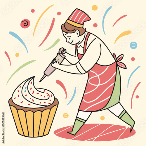 Creative vector illustration of a baker frosting a cracked pastry with a cheerful expression, showing humor in imperfections and the art of creative baking.