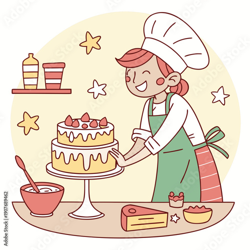 Whimsical vector art of a confident baker frosting the air with enthusiasm, a funny and imaginative concept about passion for baking and culinary dreams.