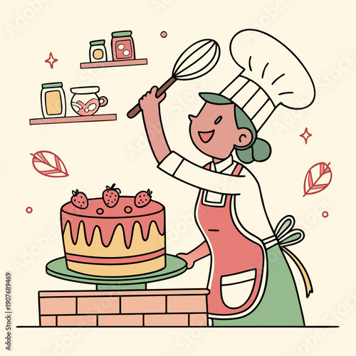 Whimsical vector art of a confident baker frosting the air with enthusiasm, a funny and imaginative concept about passion for baking and culinary dreams.