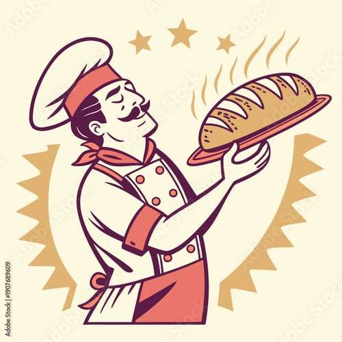 Playful baker proudly holds a burnt loaf, a whimsical vector illustration highlighting the humorous side of baking.