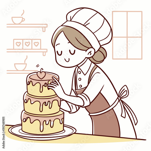 Playful baker carefully stacking melting pastries, creating a charming, slightly chaotic tower in a cute style.