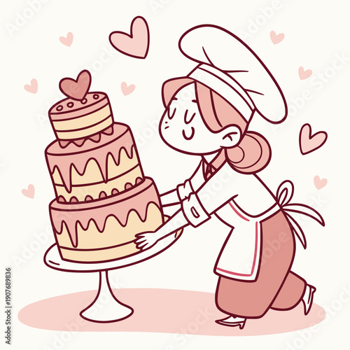 Cute baker carefully stacking melting pastries into an unstable tower, rendered in a whimsical flat vector style.