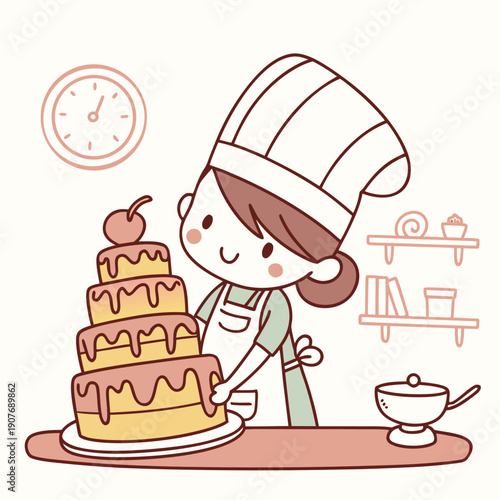 Adorably whimsical baker stacking melting cakes, creating a funny, unstable dessert tower in flat vector art.