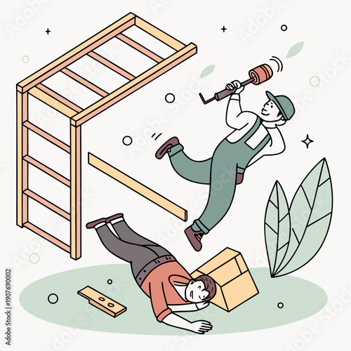 Funny builder struggles with upside down furniture assembly in a whimsical, flat vector illustration of DIY chaos.